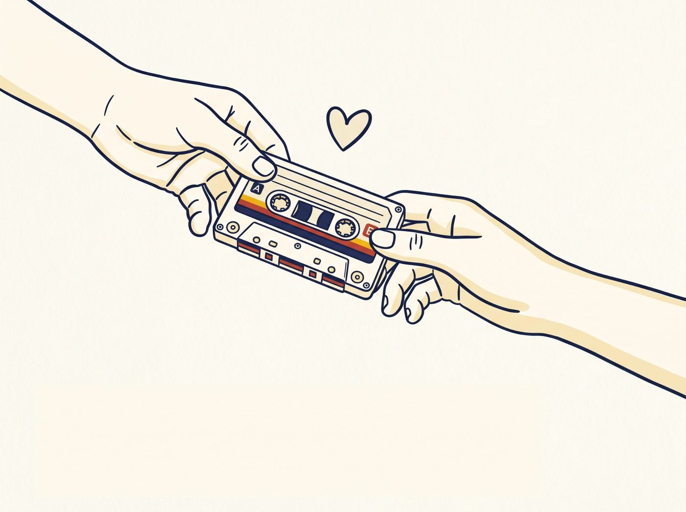 Two hands passing a cassette tape, with a small heart floating above it